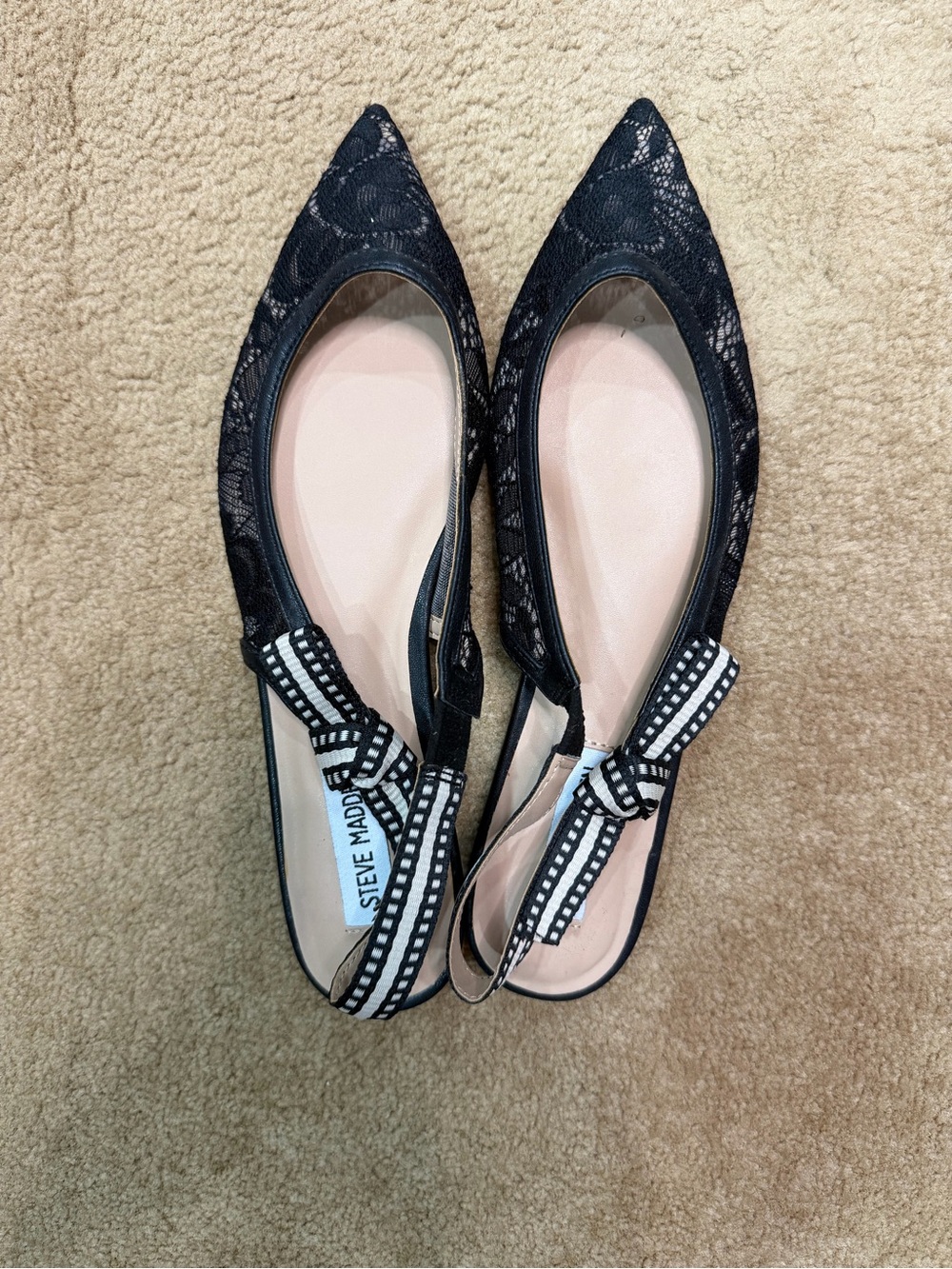 Steve Madden Black Lace Pointed Slingback Flats with Stripe Bow